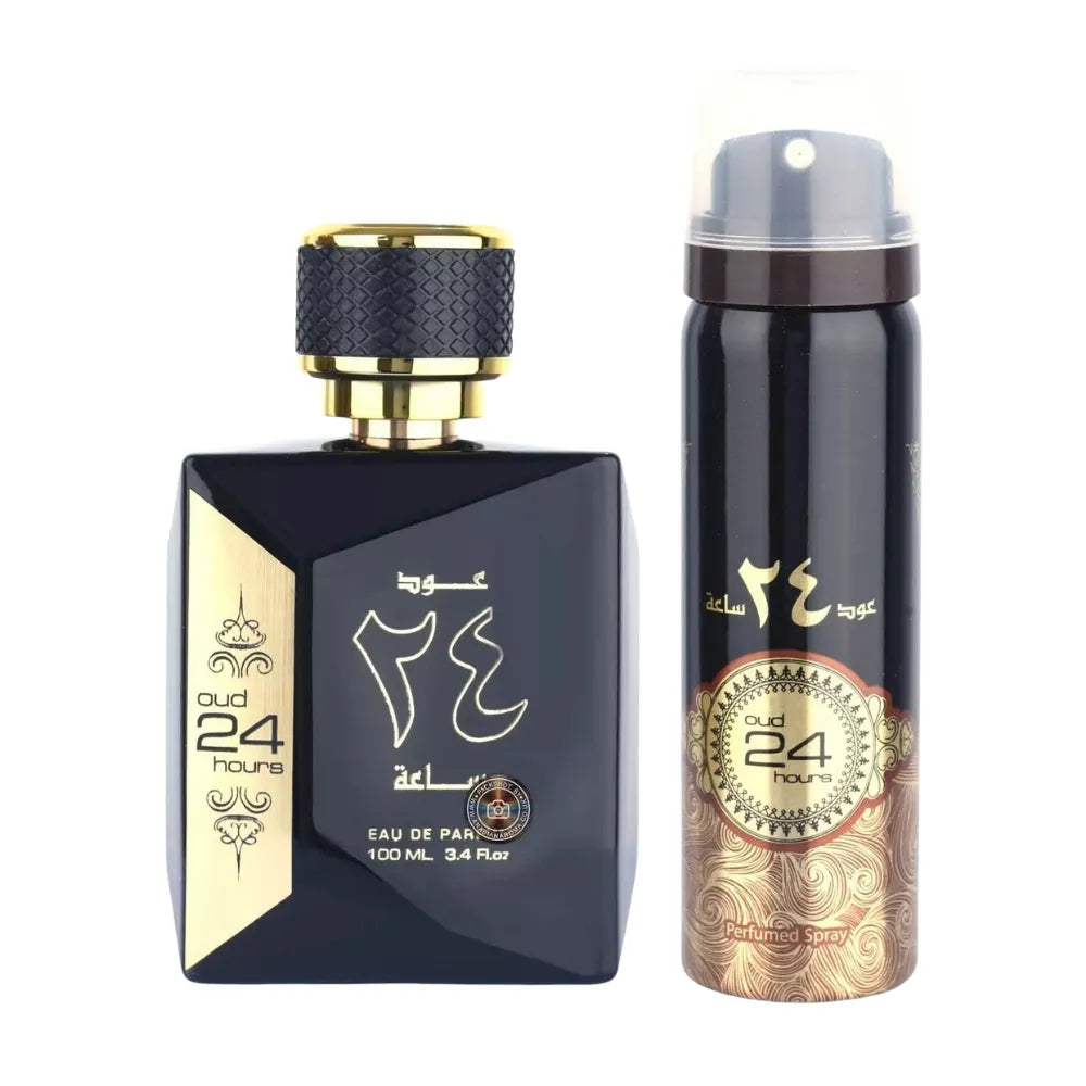 Two perfume bottles with gold and black designs on a white background