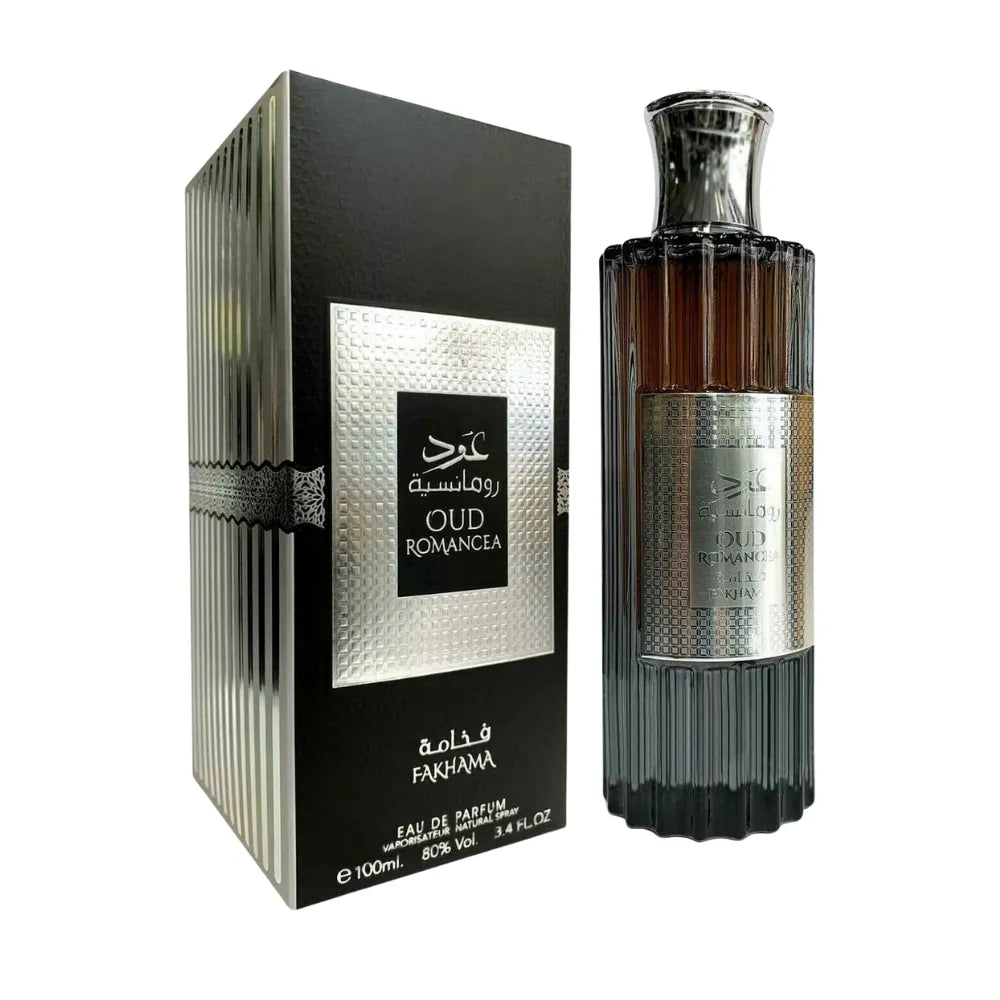 Fakhra Oud Romance perfume bottle and packaging on a white background