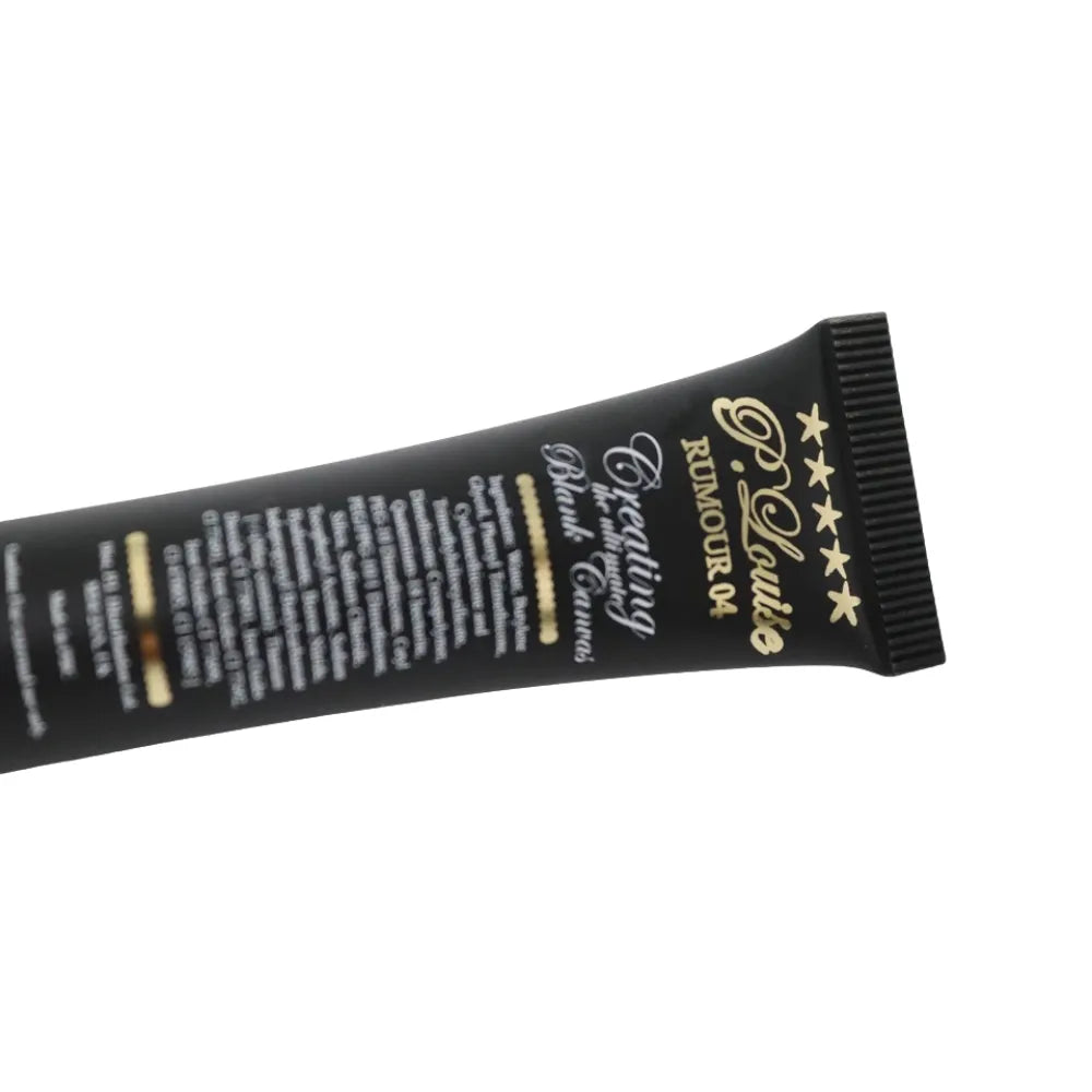 Black tube with gold and white text on a white background