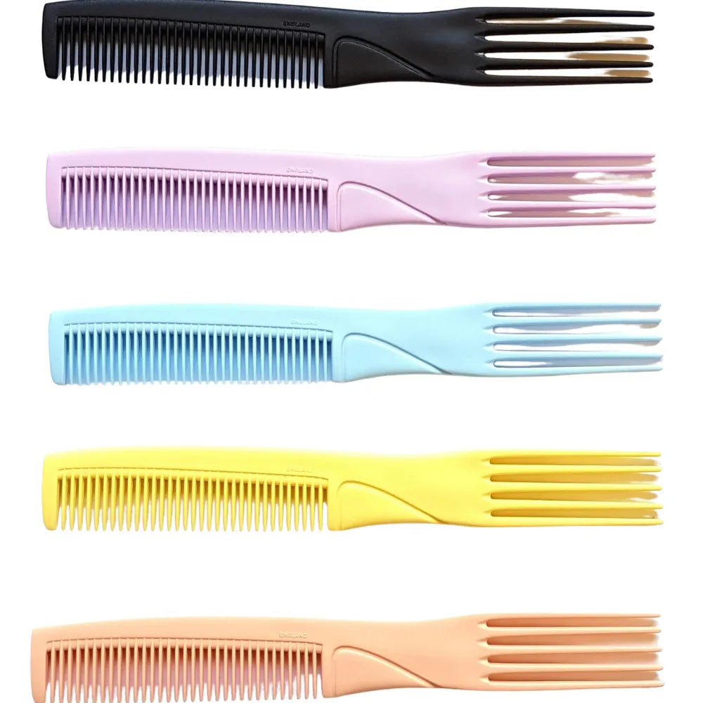 Set of five colorful combs on a white background