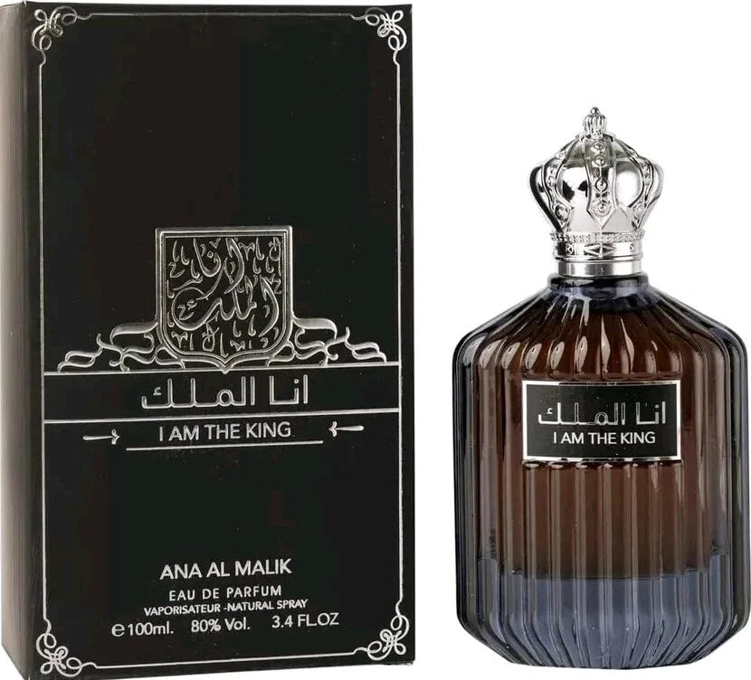Perfume bottle and packaging of 'I Am The King' by Ana Al Malik on a white background