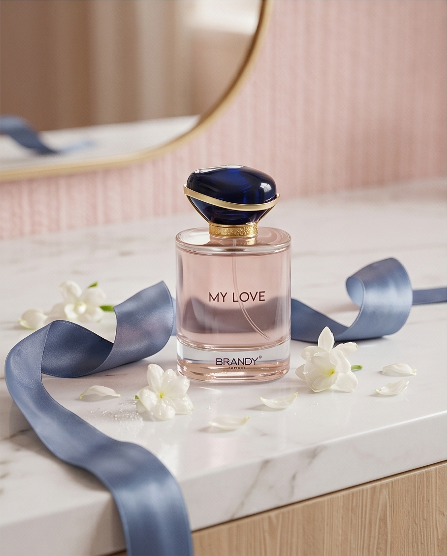Perfume bottle labeled 'My Love' by Brandy on a marble surface with flowers and ribbon.