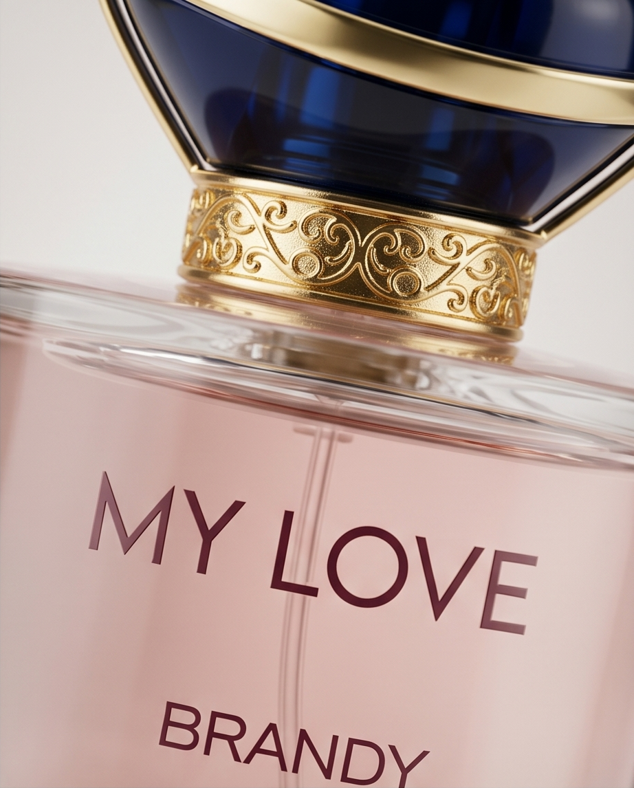 Perfume bottle with gold cap and 'My Love Brandy' text on a light background