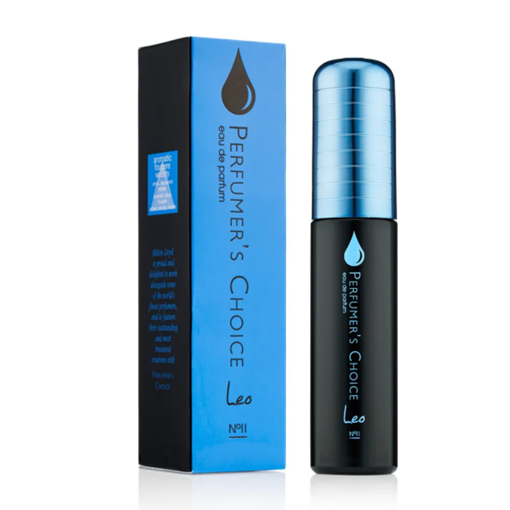 Perumer's Choice Leo No.11 Eau de Parfum bottle with its retail box, featuring a metallic blue cap and a black body, displayed next to the blue and black packaging box on a white background.