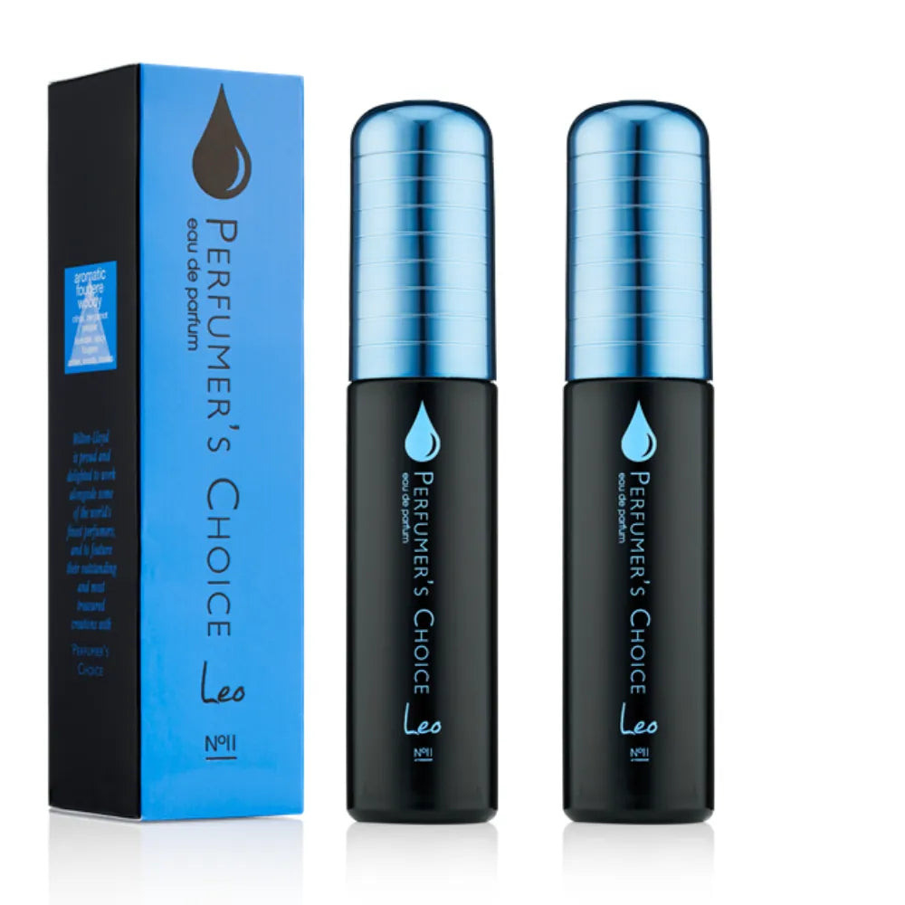 Two black perfume bottles with metallic blue caps stand next to a blue and black product box on a white background. The packaging and bottles are labeled 'PERFUMER'S CHOICE' with a blue water droplet logo.