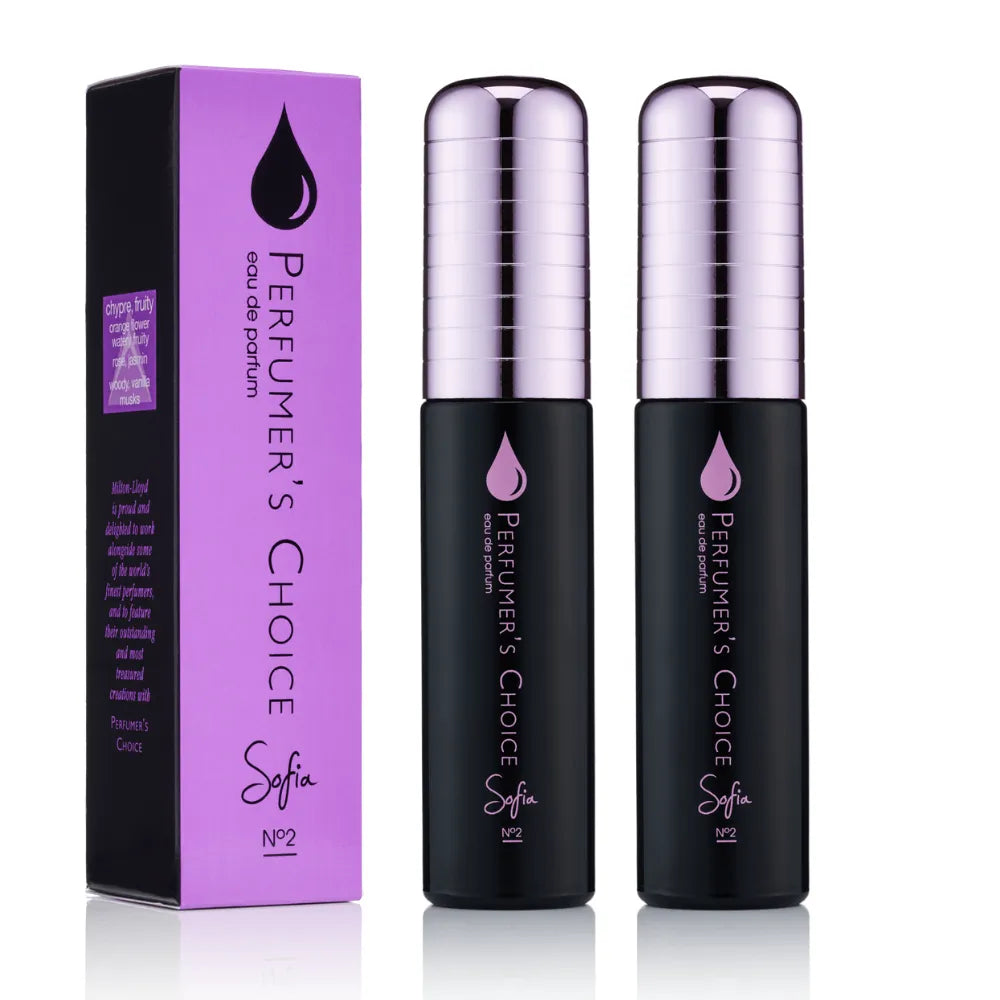 Two black perfume bottles with metallic silver caps stand next to a purple and black product box labeled 'PERUMER'S CHOICE' on a white background.