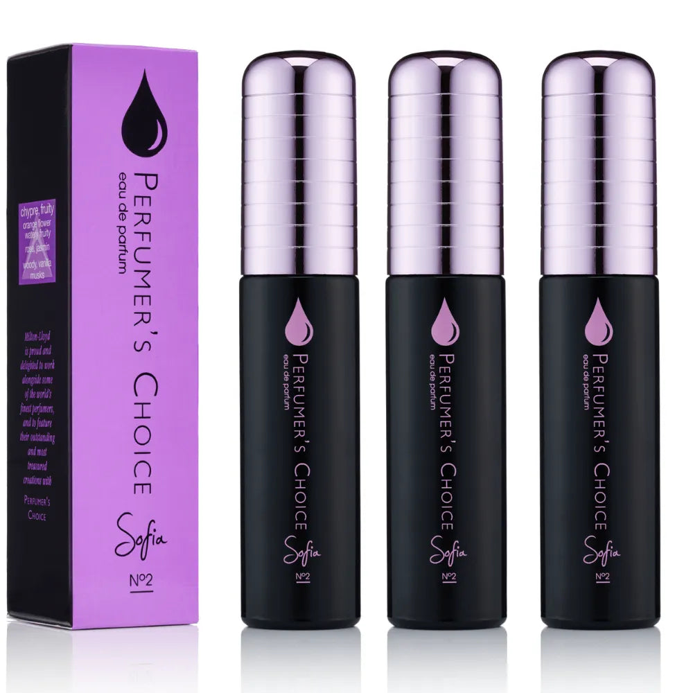 Three black perfume atomizer bottles with metallic silver caps are shown next to a purple product box. The bottles feature a purple droplet logo and the text 'PERFUMER'S CHOICE' and 'Sofia'.