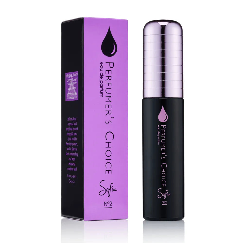 Sofia Perfumer's Choice No.2 Eau de Parfum bottle next to its purple and black packaging box, on a white background with a soft reflection.