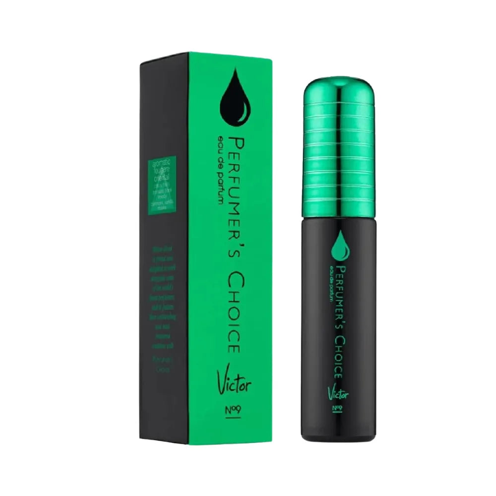 Perfume bottle and packaging with green and black design on a white background