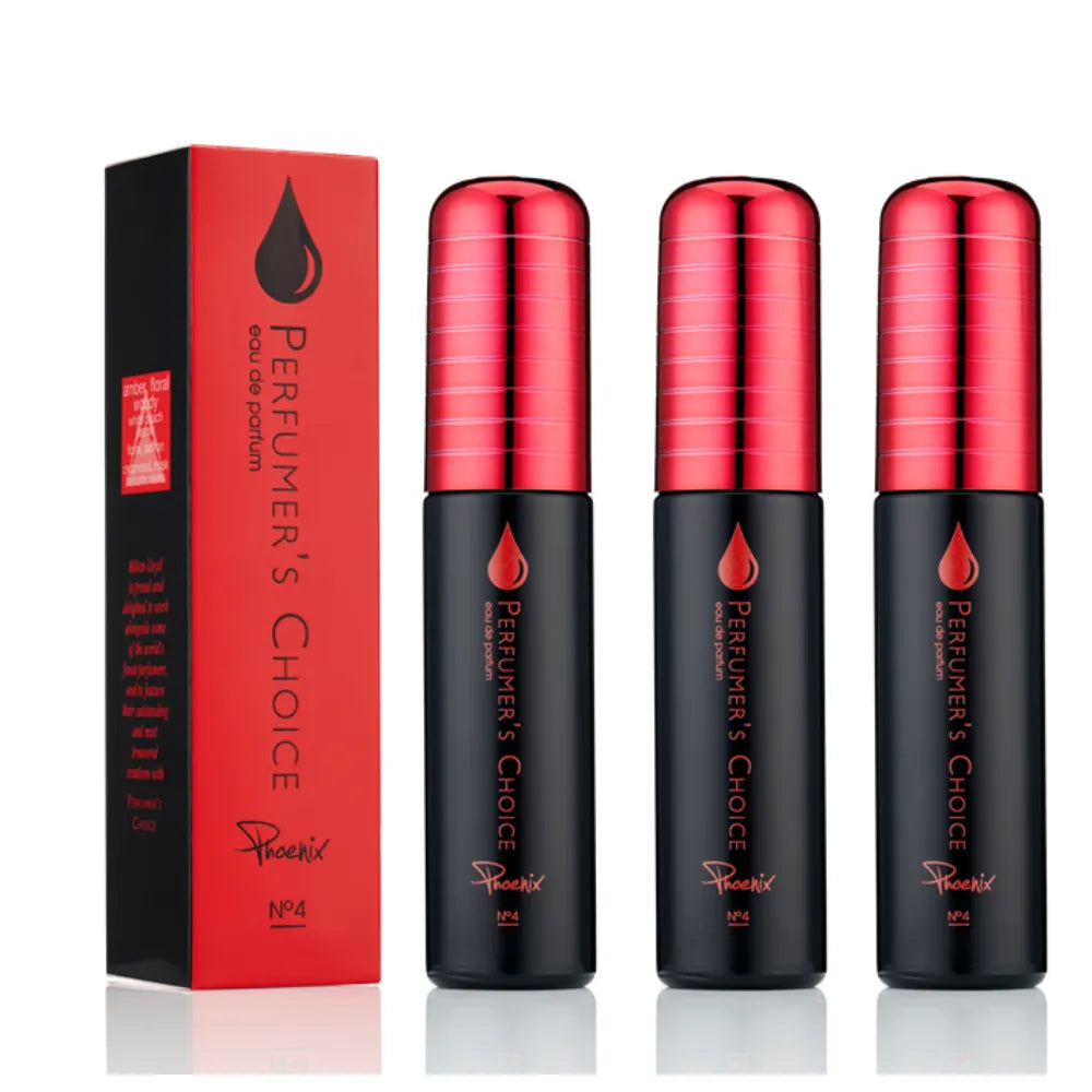 Three perfume atomizer bottles with metallic red caps and black bodies, standing next to a matching red and black product box. The bottles are labeled 'Perfumer's Choice' and 'Pearl'.