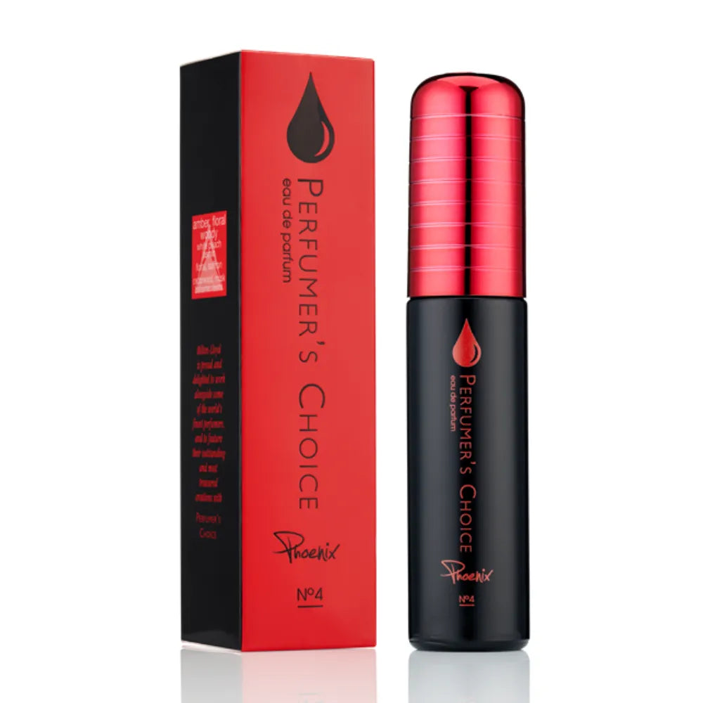 Perfumer's Choice Phoenix No.4 Eau de Parfum bottle with a metallic red cap next to its red and black packaging box, on a white background.