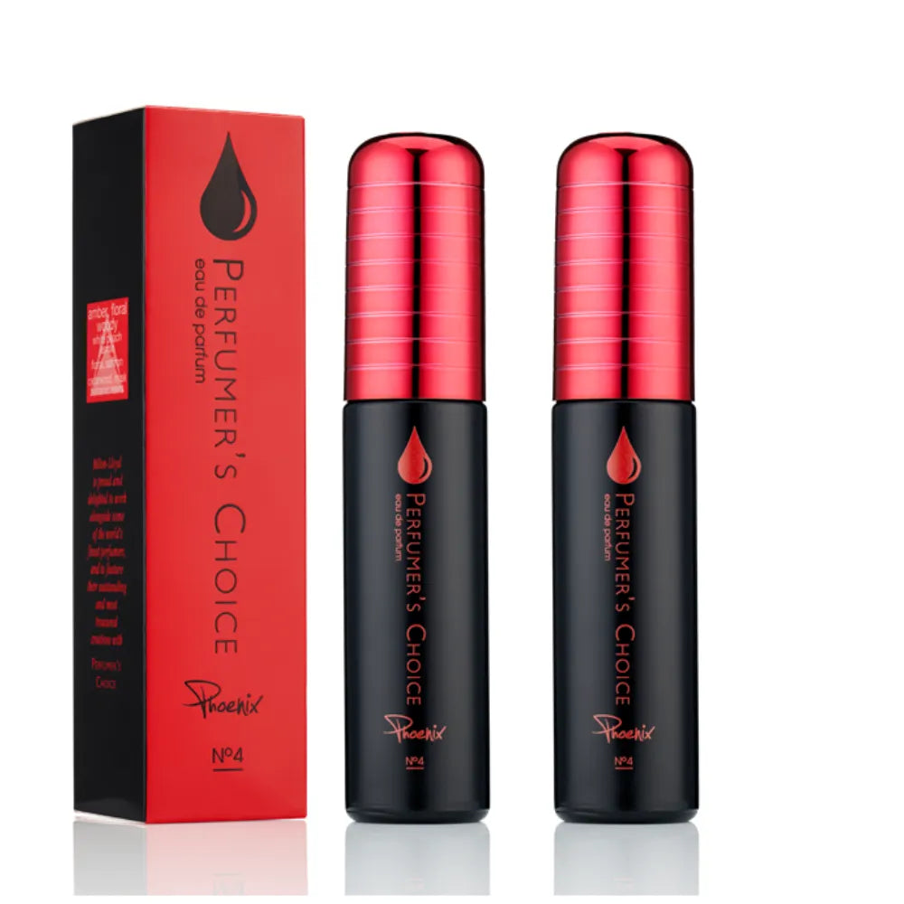 Two black perfume bottles with metallic red caps next to a red and black box labeled 'PERFUMER'S CHOICE' on a white background.