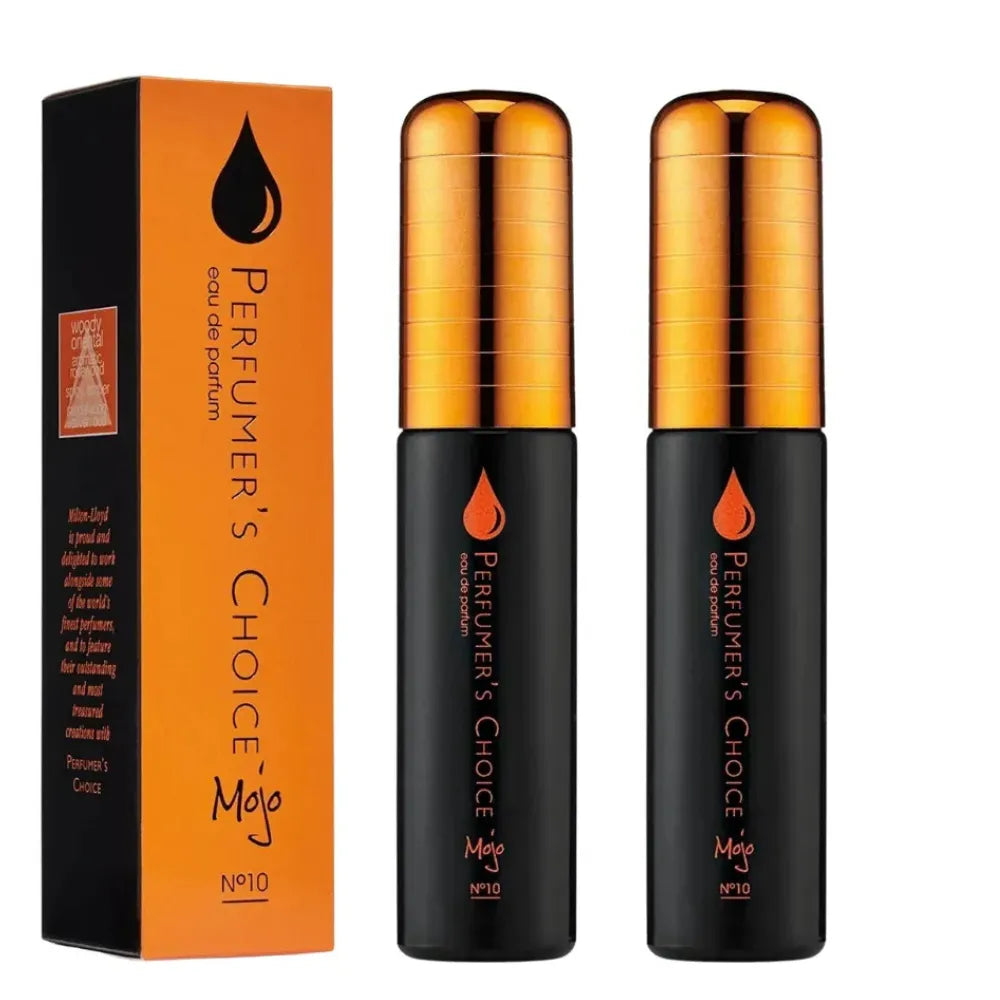 Two black perfume bottles with gold caps and an orange box labeled 'Perfumer's Choice' on a white background.