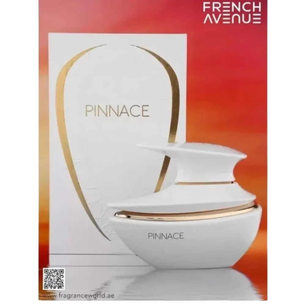 Fragrance bottle packaging with 'Pinnace' and 'French Avenue' branding on a gradient background.