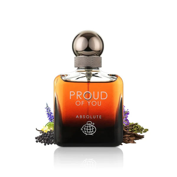 Perfume bottle labeled 'Proud of You Absolute' with a silver cap on a white background