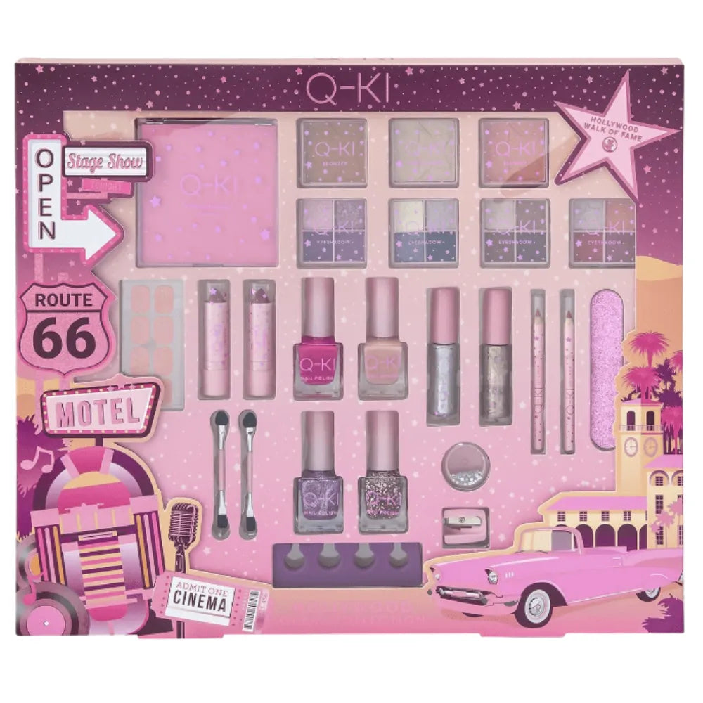 Q-Ki makeup set packaging with pink and purple theme, featuring cars and buildings.