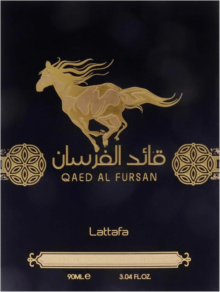 Lataafa Qaed Al Fursan perfume bottle packaging with a gold horse design on a black background