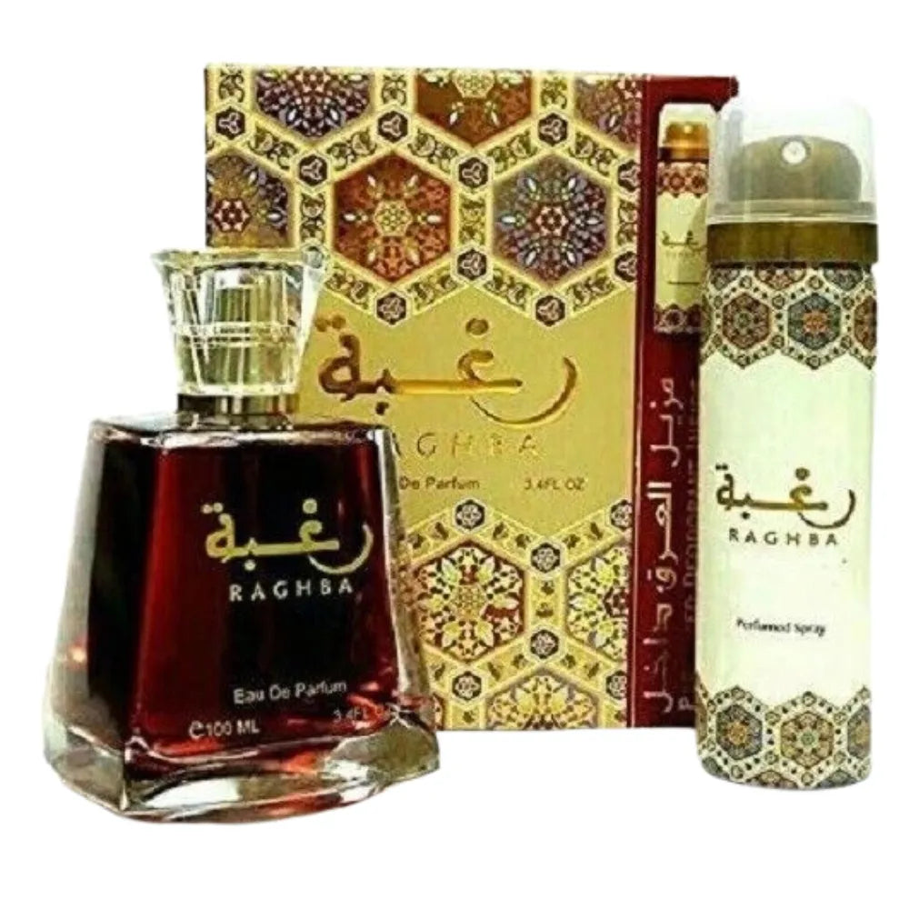 Ragha perfume set with a bottle, spray, and decorative box on a white background