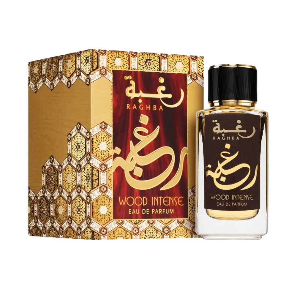 Raghba Wood Intense Eau de Parfum with packaging on a white background