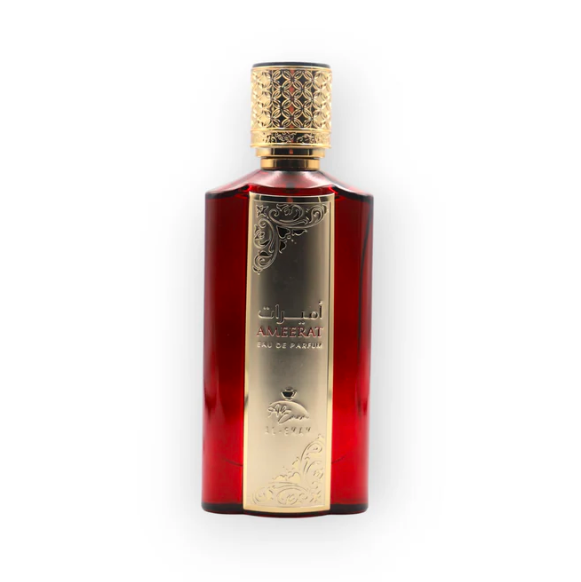 Red perfume bottle with gold cap and label on a white background
