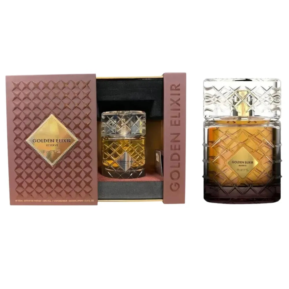 Perfume bottle with 'Golden Elixir' packaging on a white background