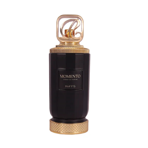 Perfume bottle with gold cap and black body on a white background