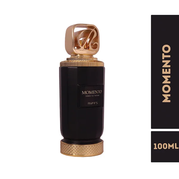 Rufys Momento Intense 100ml perfume bottle, featuring a matte black cylindrical body with a textured gold cap and base, shown next to a black vertical label displaying 'MOMENTO' and '100ML'.