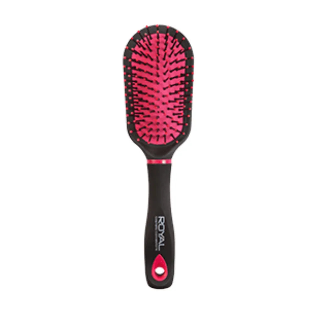 Black and pink hairbrush with 'Royal' branding on a white background