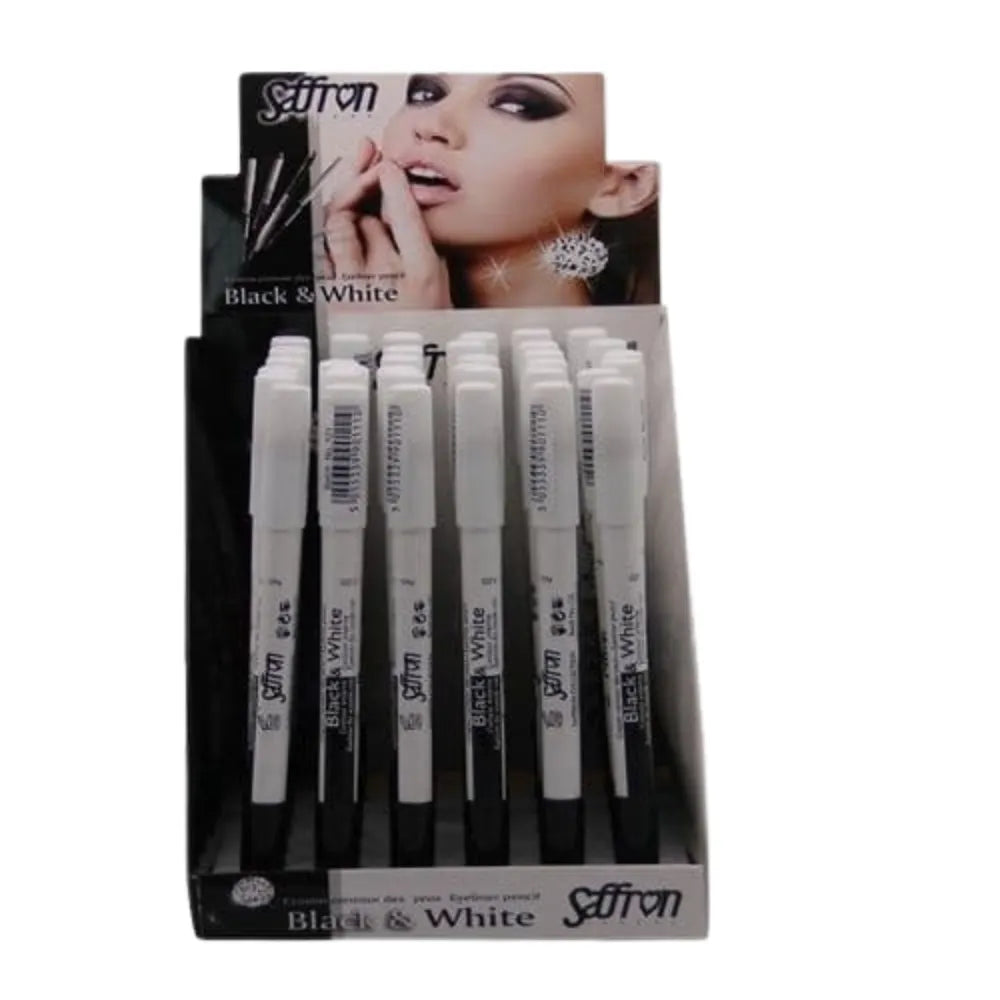 Display of Saffron black and white markers with a model image on packaging.