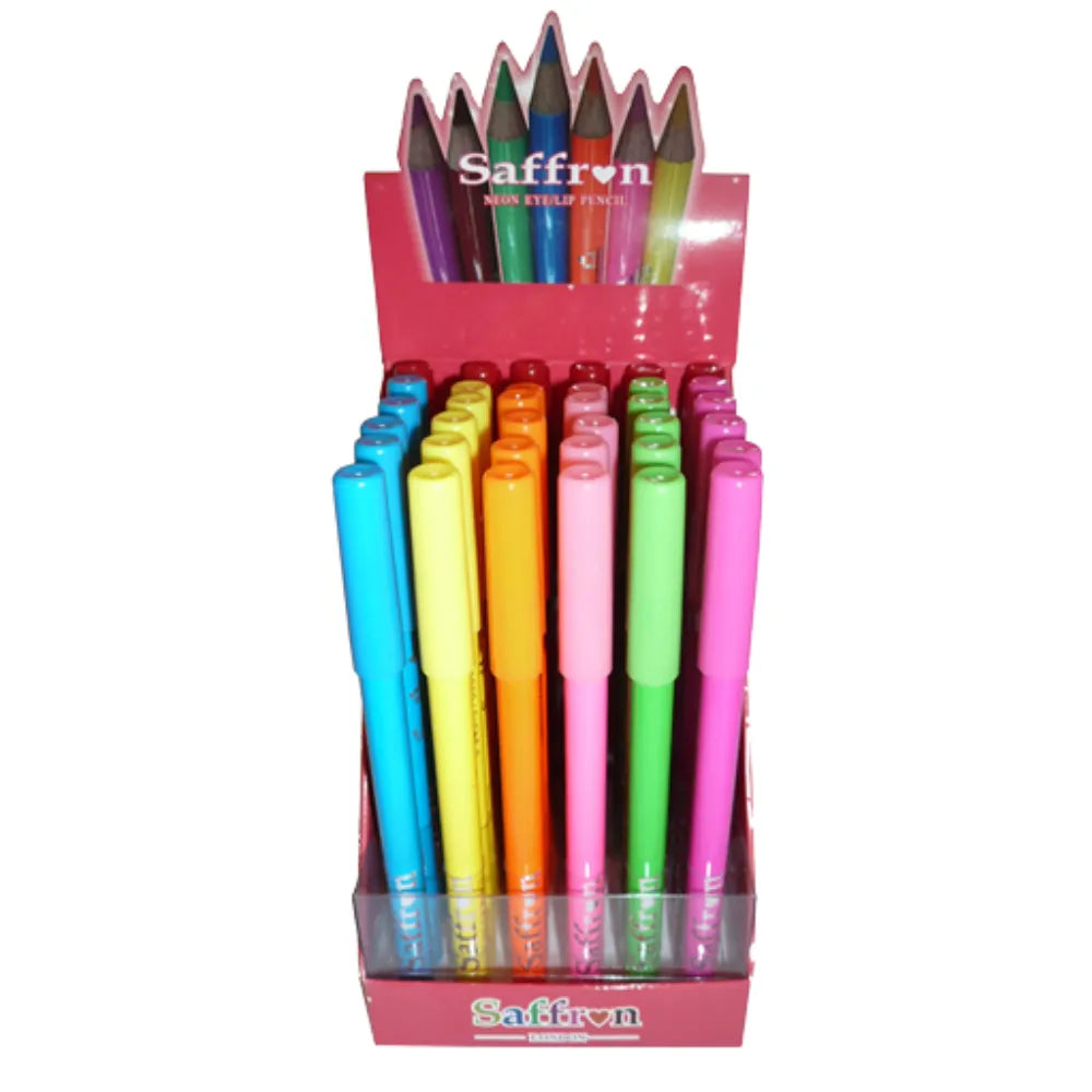 Display of colorful pens in a Saffron branded box on a white background