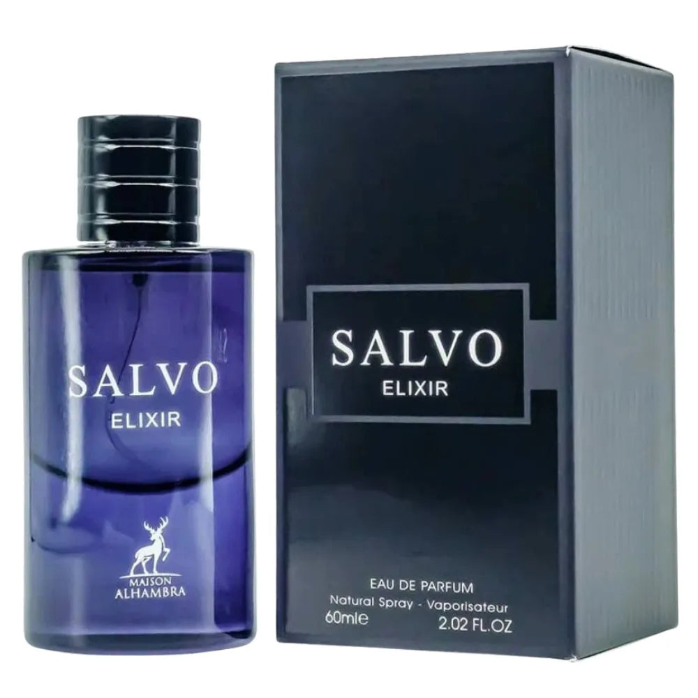 Salvo Elixir perfume bottle and packaging on a white background