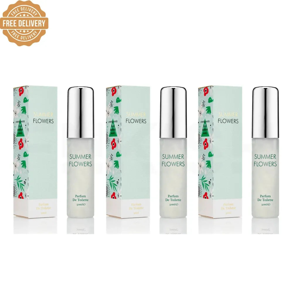 Set of 'Summer Flowers' perfume bottles and boxes on a white background