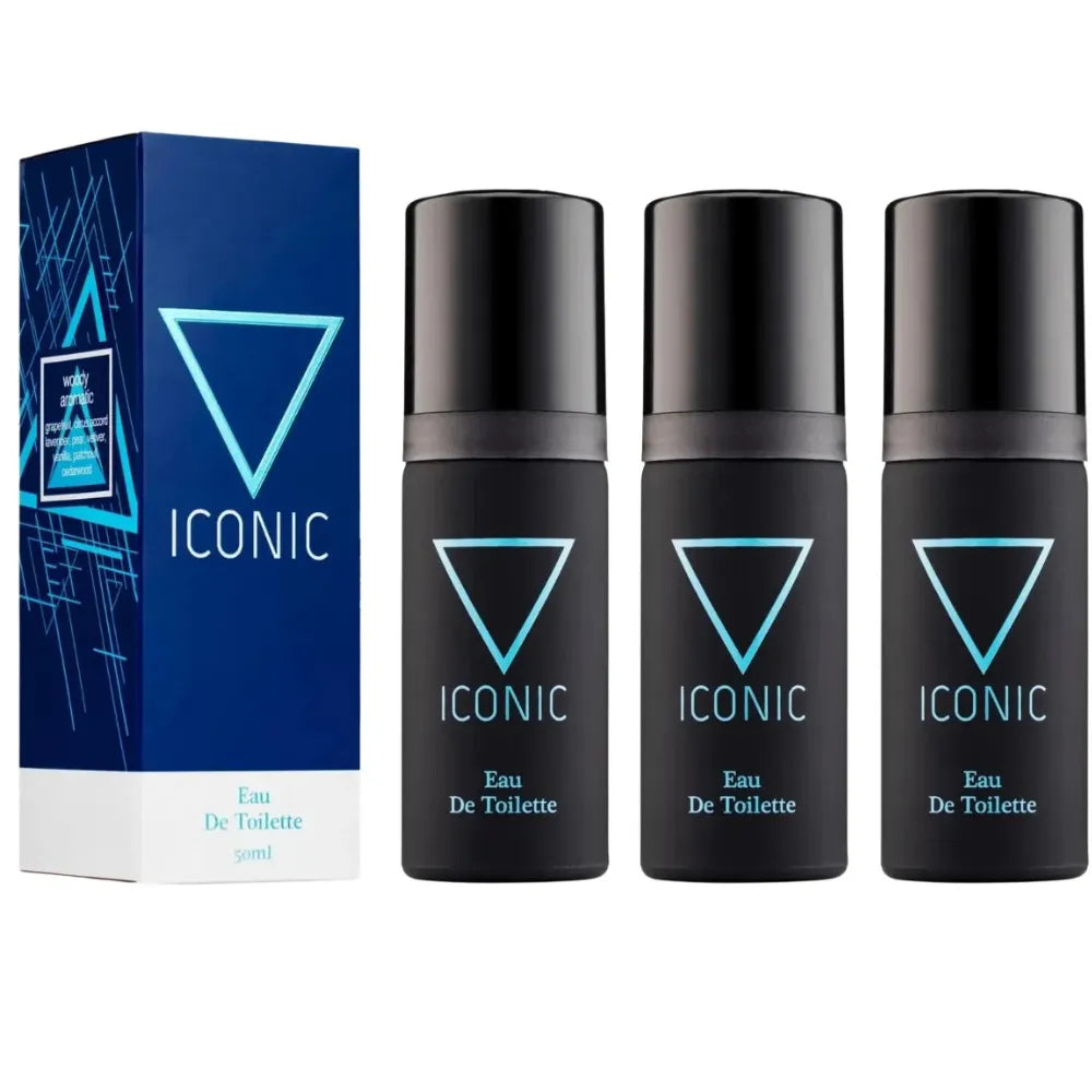 Set of black 'Iconic' Eau De Toilette bottles with a blue box on a white background
