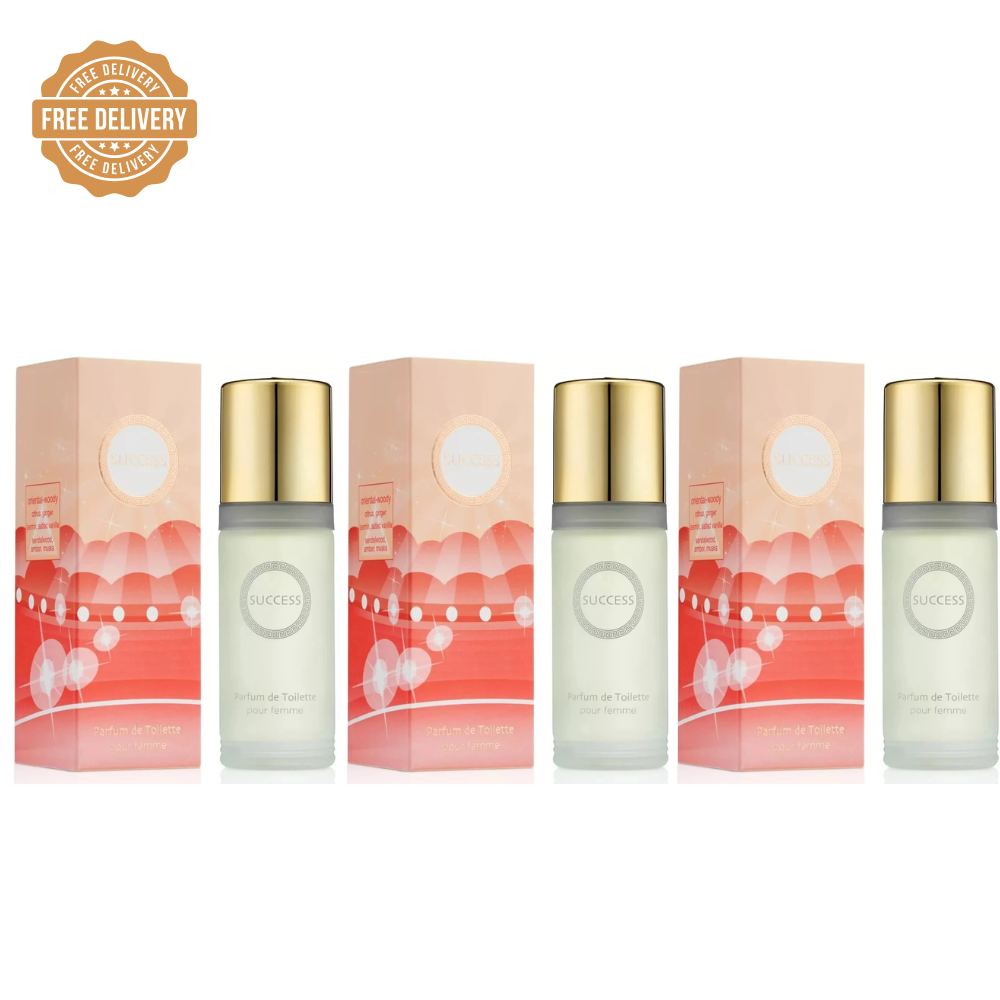 Set of two skincare bottles with gold caps and boxes on a white background, featuring free delivery badge.