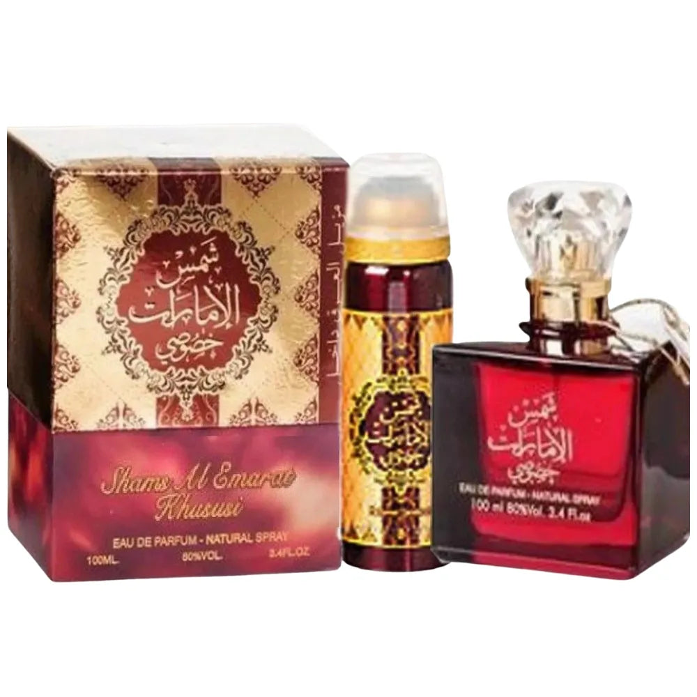 Shams Al Emane Rhususi perfume set with packaging on a white background