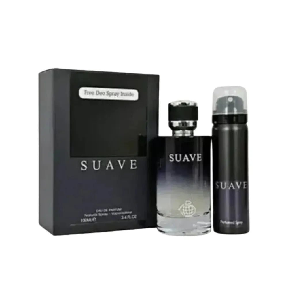 Suave perfume set with a bottle and deodorant on a white background
