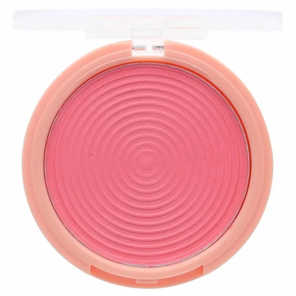 Pink blush compact with a clear lid on a white background