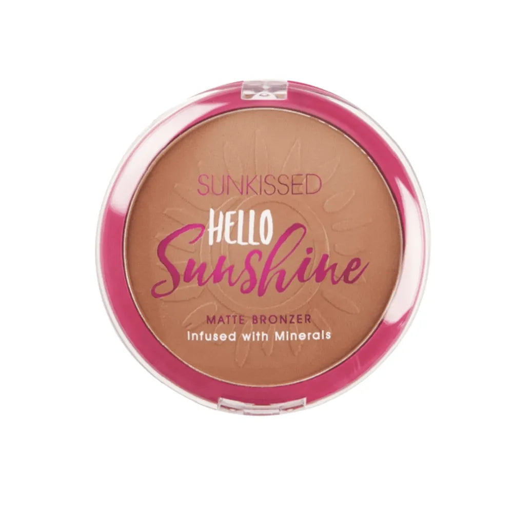 Sunkissed Hello Sunshine matte bronzer with pink packaging on a white background