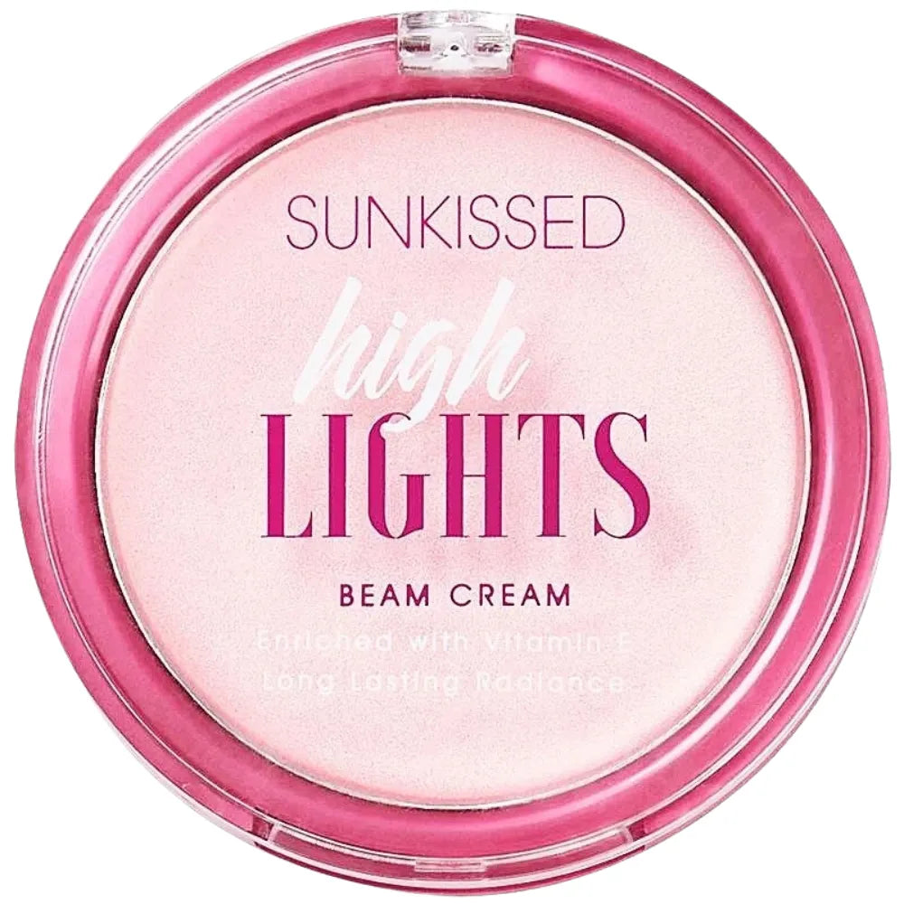 Sunkissed highlighter compact with pink and white design on a white background