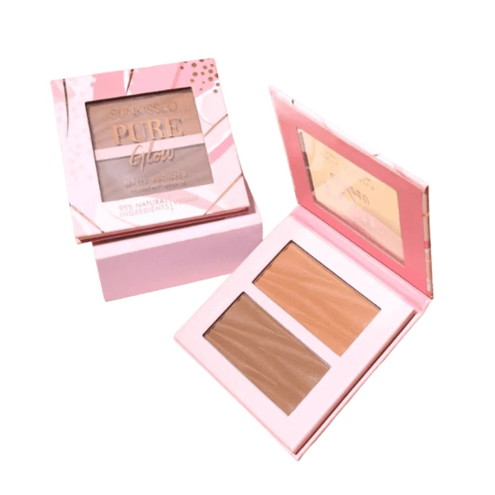Makeup palette with two shades of bronzer, one open and one closed, on a white background.
