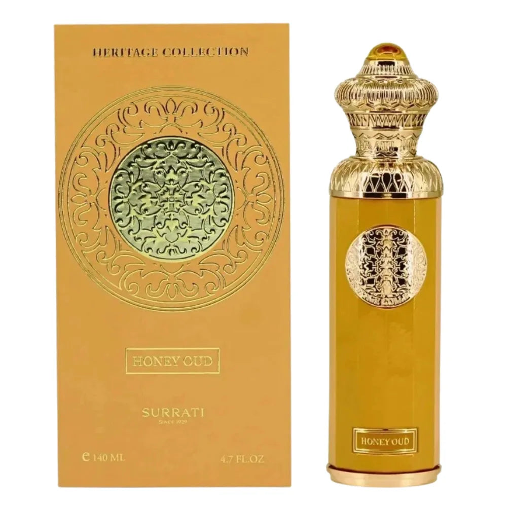 Surrati Honey Oud perfume bottle and packaging with intricate designs on a white background