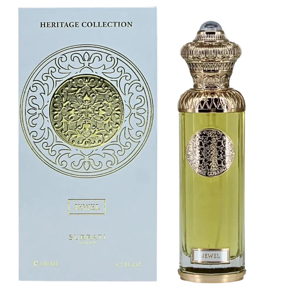 Perfume bottle with decorative cap and matching box labeled 'Heritage Collection' on a white background.
