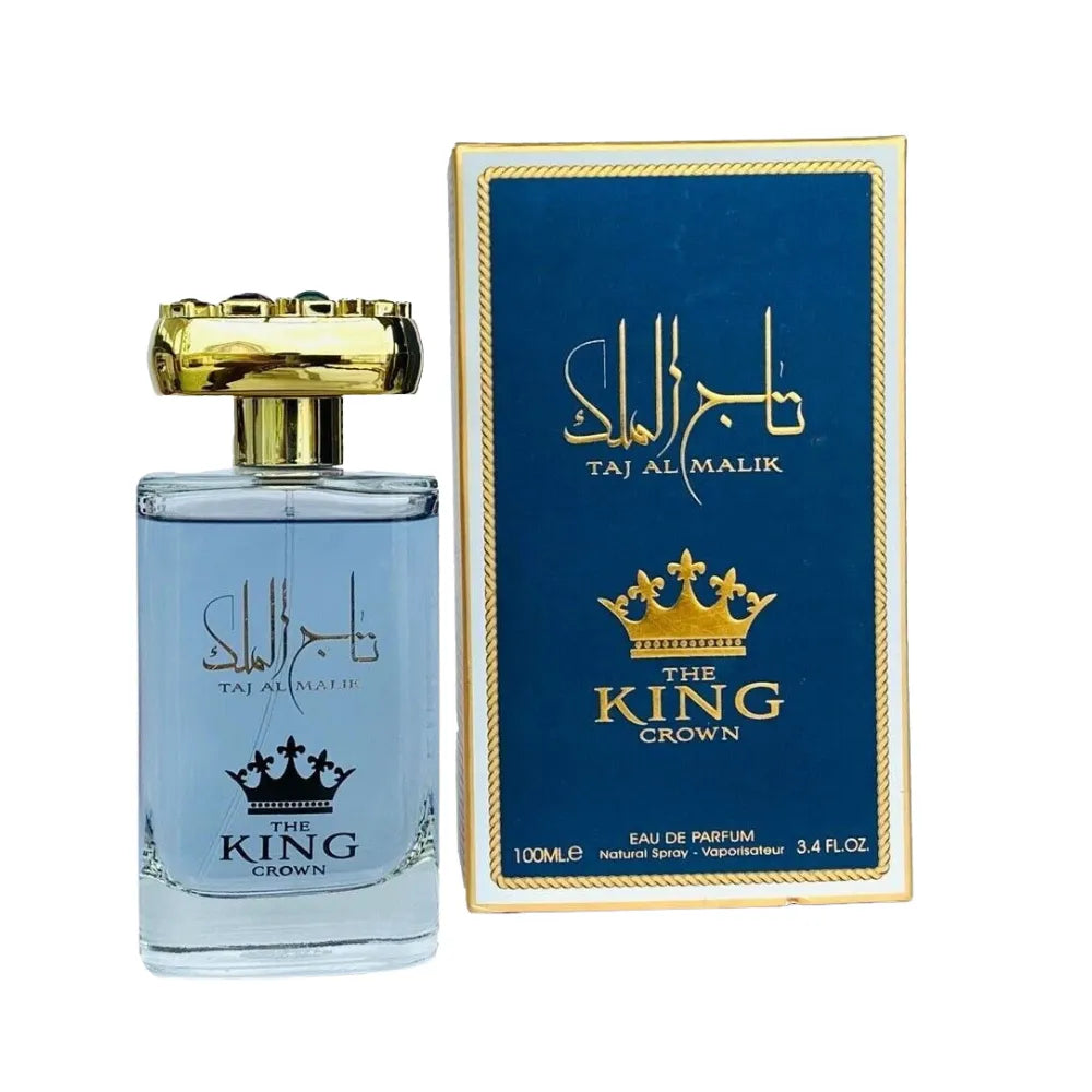 Perfume bottle and packaging of 'Taj Al Malik The King Crown' on a white background