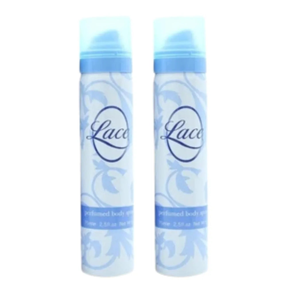 Two bottles of 'Lace' perfume spray on a white background
