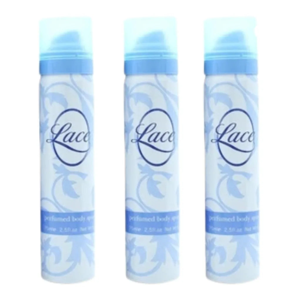 Three bottles of Lacy perfume spray on a white background