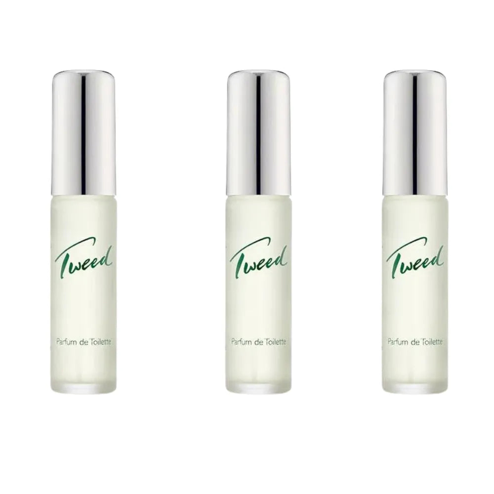 Three bottles of Tweed perfume on a white background