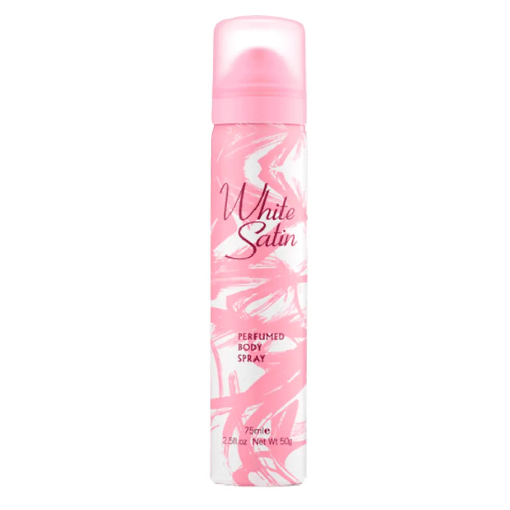 White Satin perfumed body spray with pink and white design on a white background