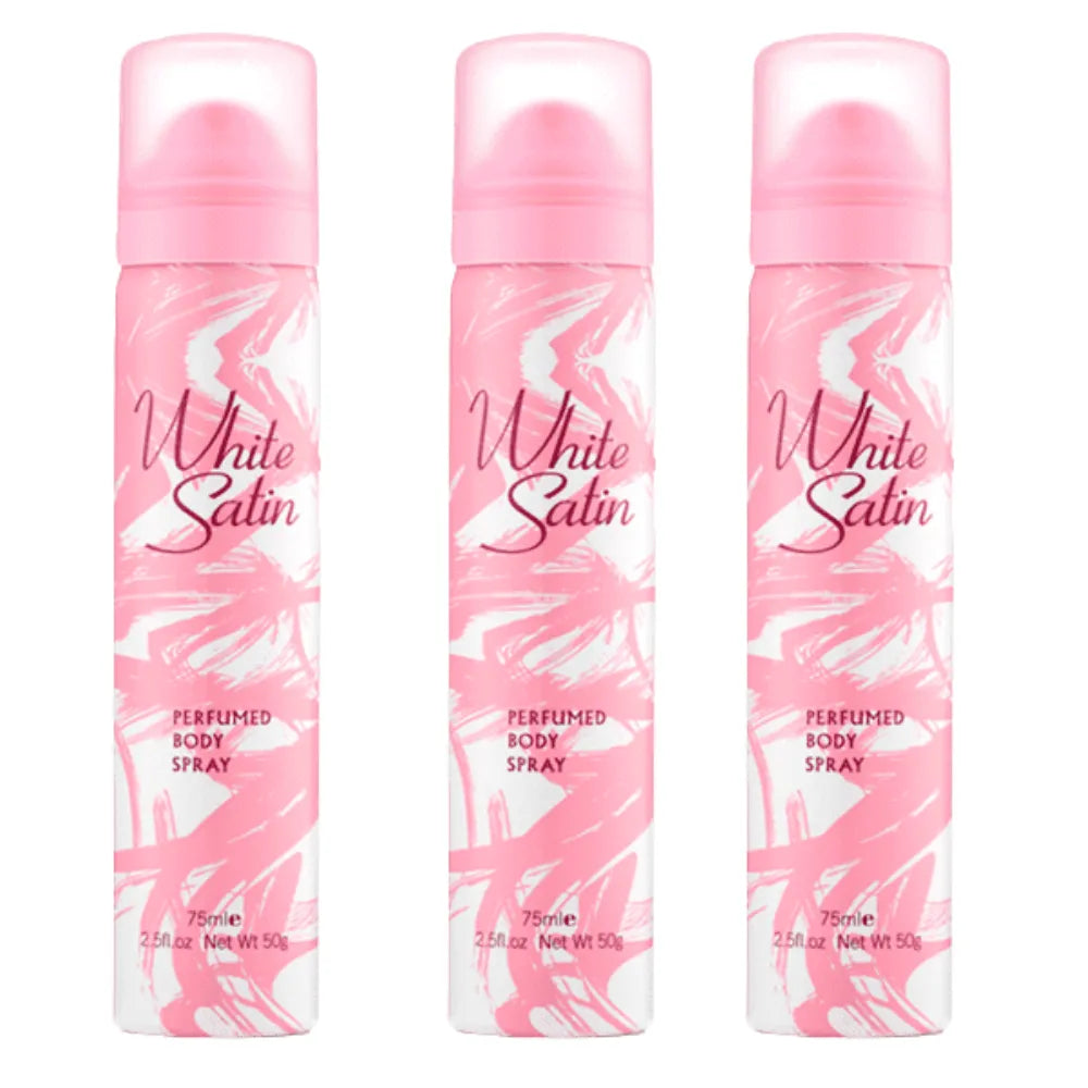 Three bottles of White Satin perfumed body spray on a white background