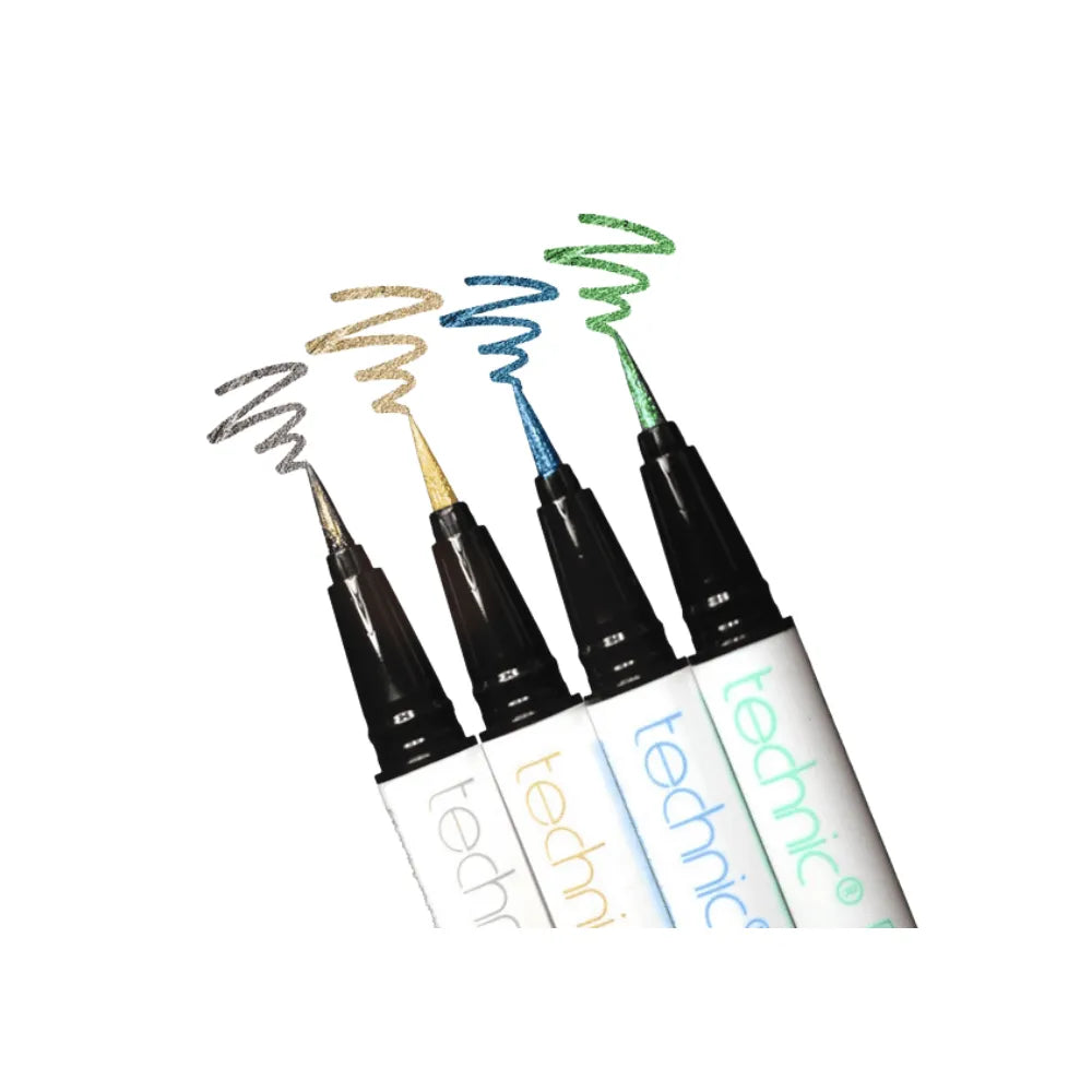 Set of Technic makeup brushes with colored wands on a white background