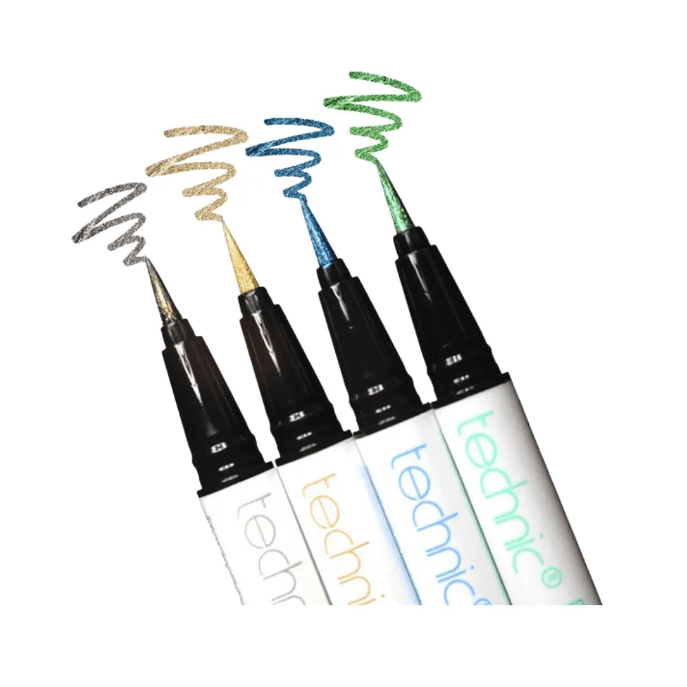 Set of Technic makeup applicators with colored wands on a white background